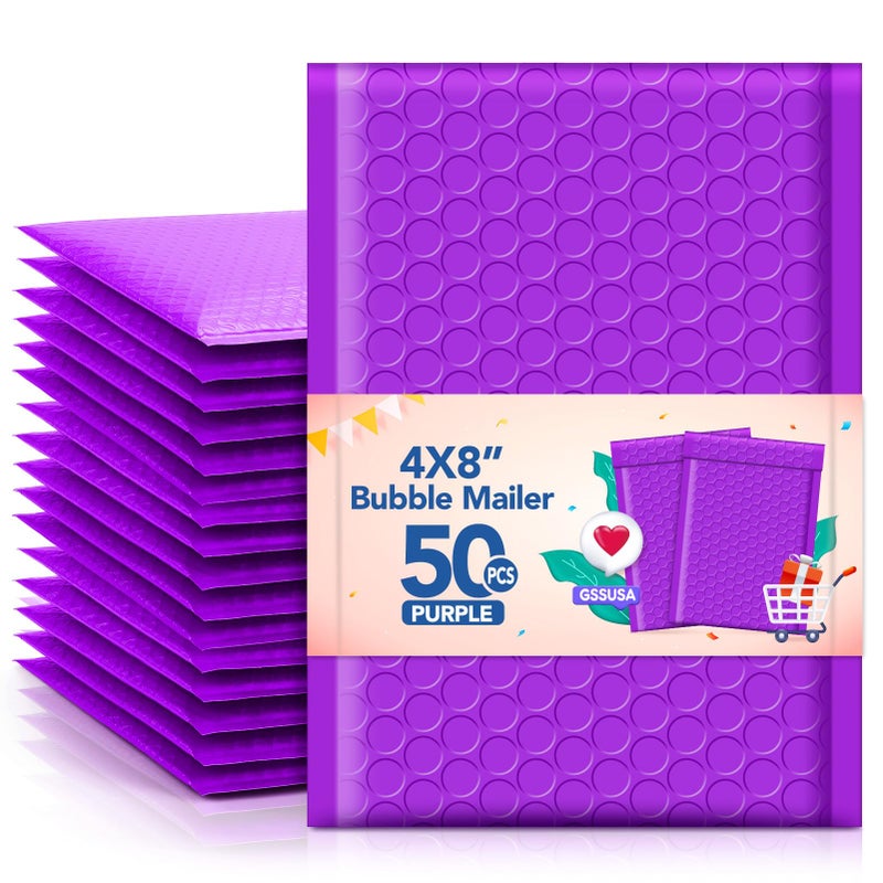 GSSUSA GSSSUSA Bubble Mailers 4x8 Inch 50 Pack Padded Envelopes Usable Size 4x7 Inch Shipping Envelopes Self Seal Small Packaging Shipping Bags for Mailing Jewelry, Small Business, Purple - Image 1